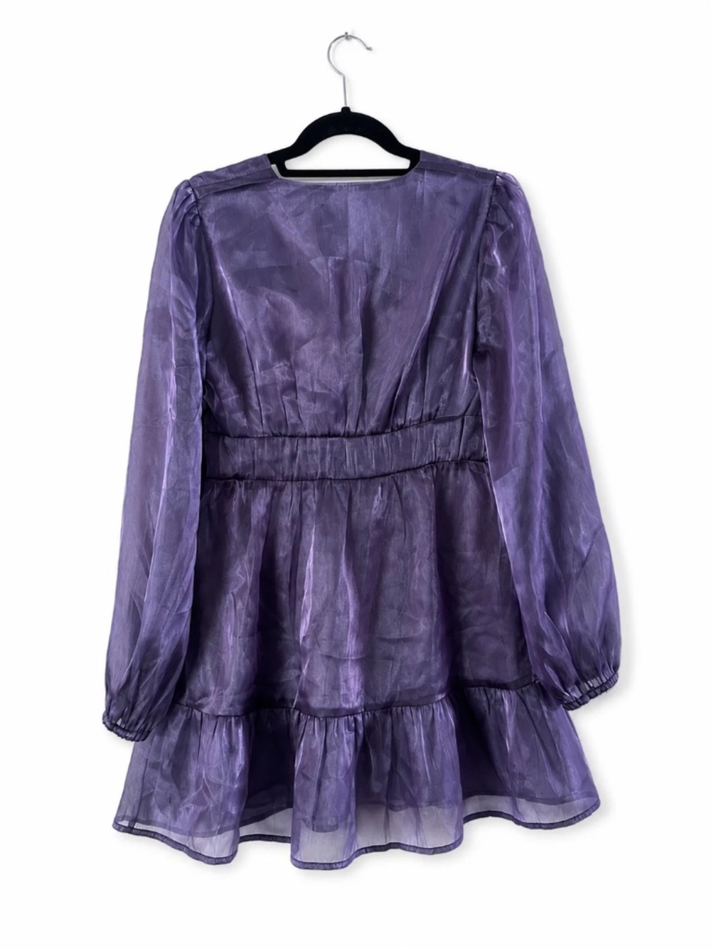 Cider Purple Organza Babydoll Mini Dress | Sheer Long Sleeve Tiered A-Line Dress - Picture 2 of 4